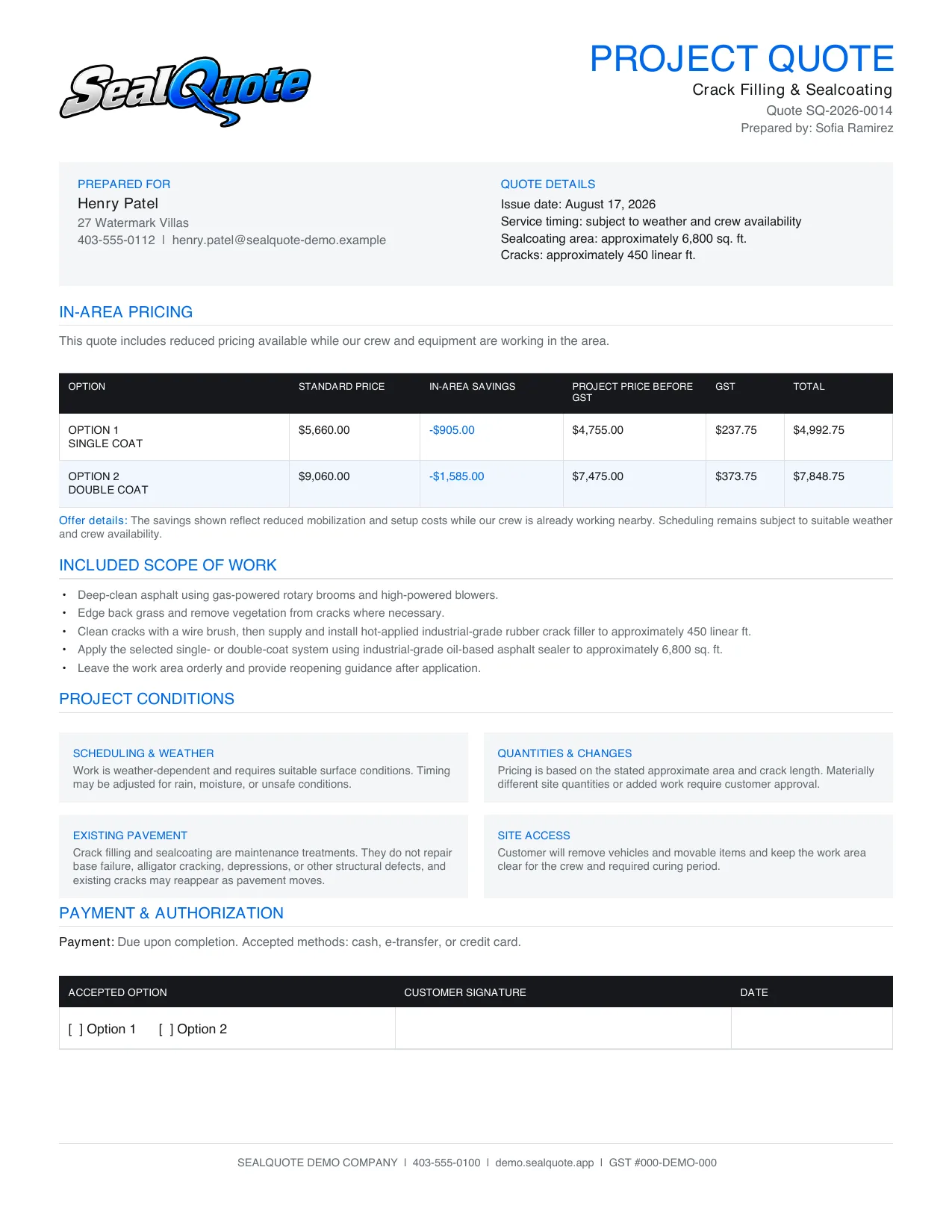 Page one of the customer's branded quote: in-area savings table with two coat options, scope of work and signature block