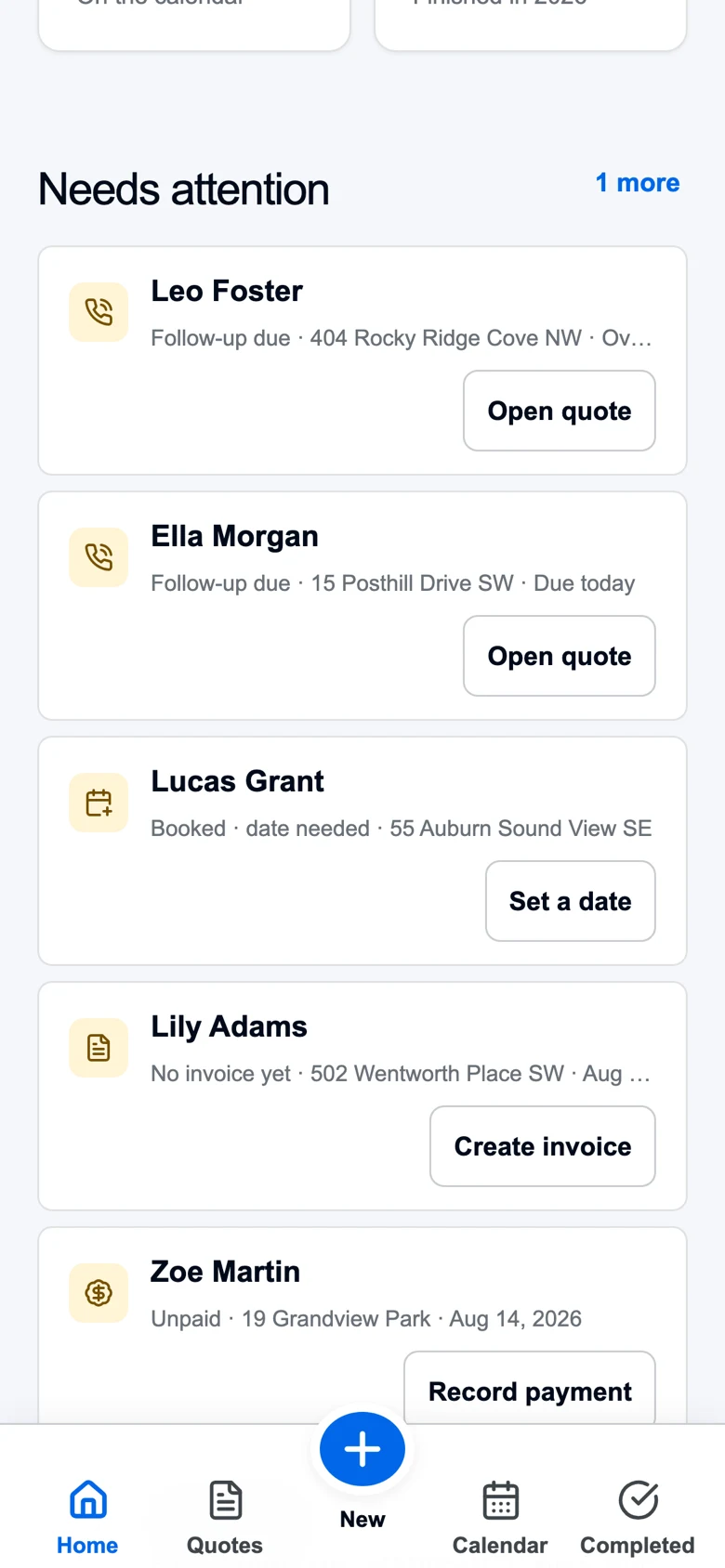 SealQuote needs-attention list: five customers, each with its next action: open quote, set a date, create invoice, record payment