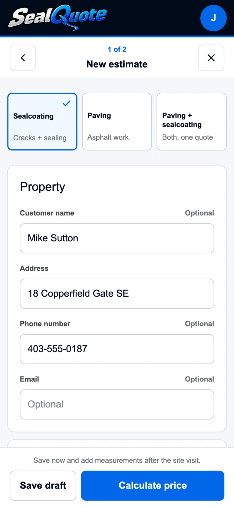 A new estimate in SealQuote with the customer's name, address and phone number filled in