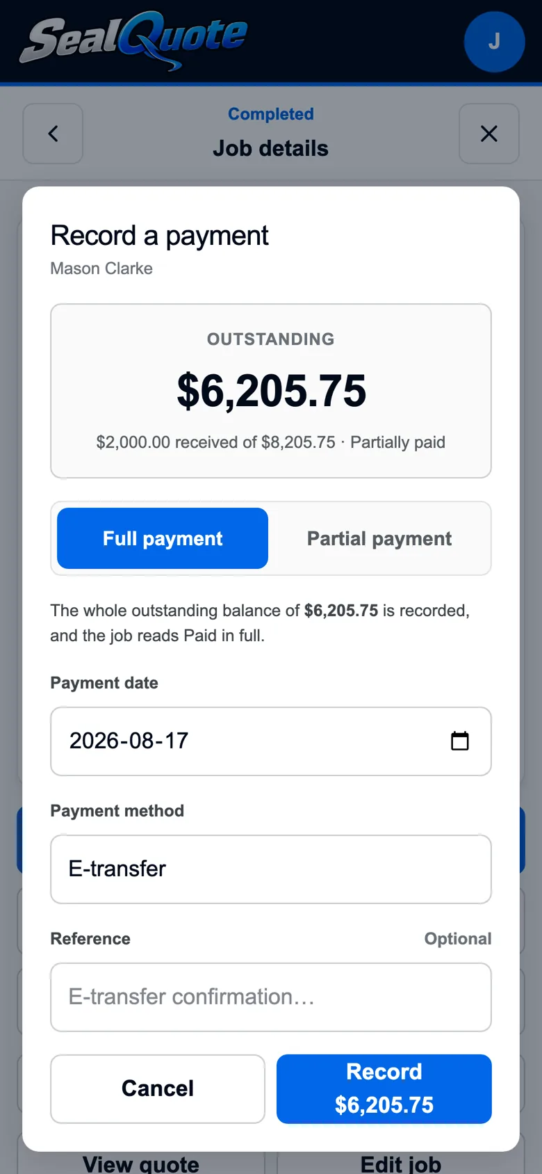 SealQuote payment sheet recording $2,000 against an $8,205.75 invoice, with partial and full payment options
