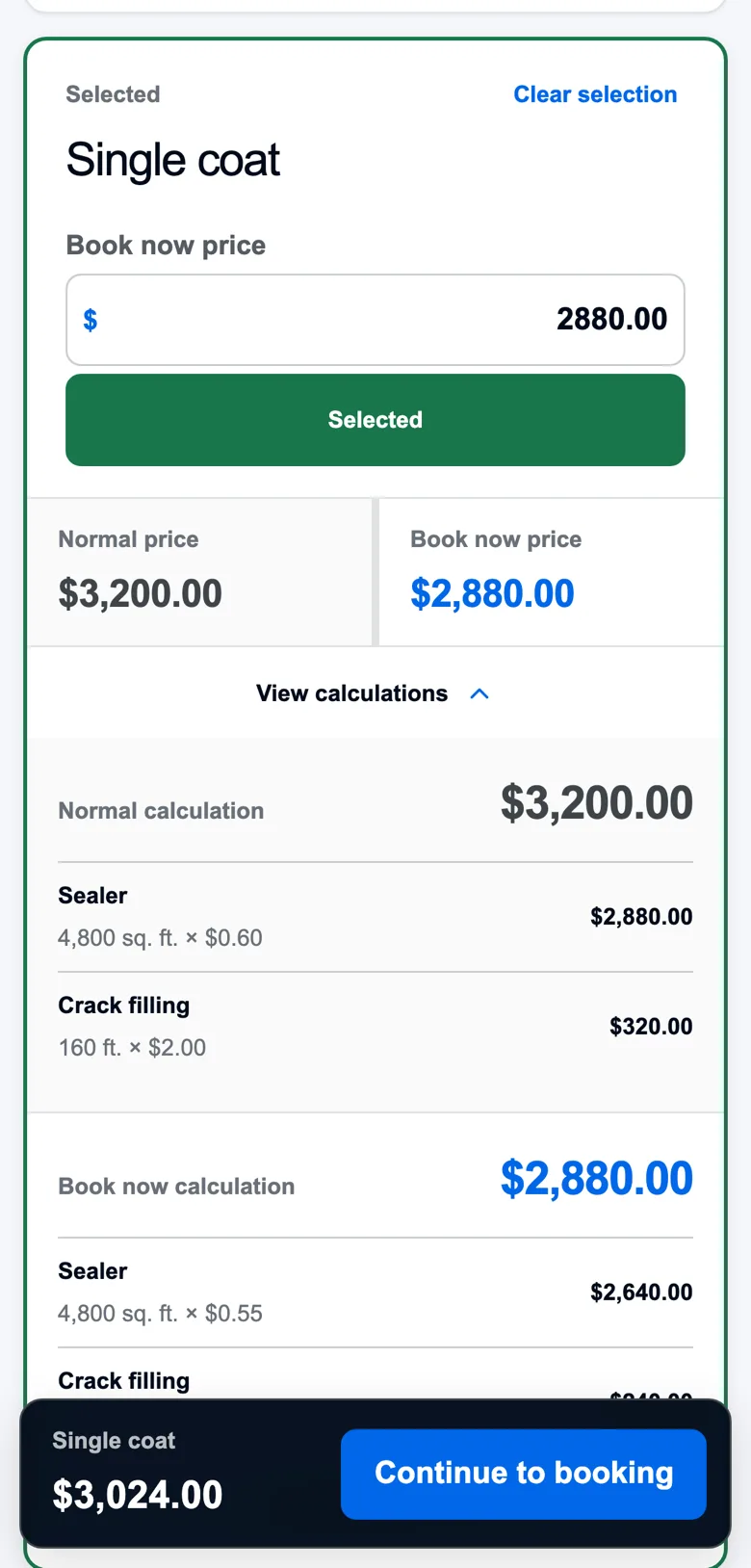 SealQuote pricing screen: single coat selected, normal price $3,200 beside book-now $2,880, with the calculation itemized underneath