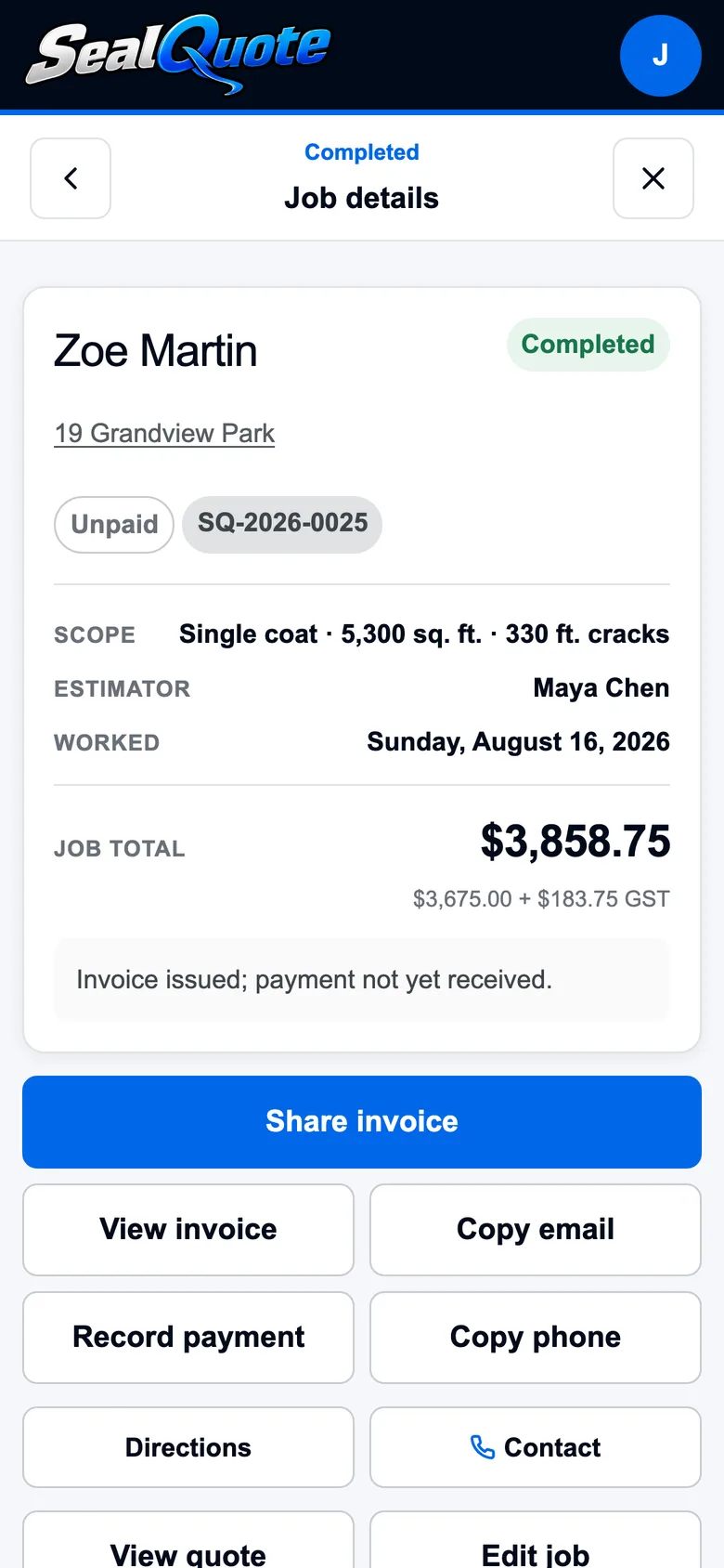 Zoe Martin's completed job in SealQuote: status, scope and total, with the invoice issued and the Share invoice button below