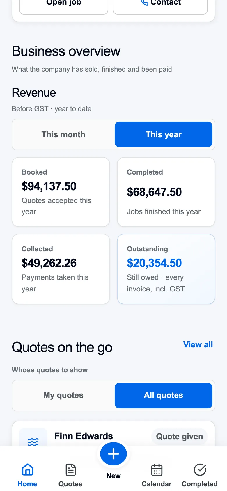 SealQuote business overview: booked, completed, collected and outstanding revenue tiles for the year