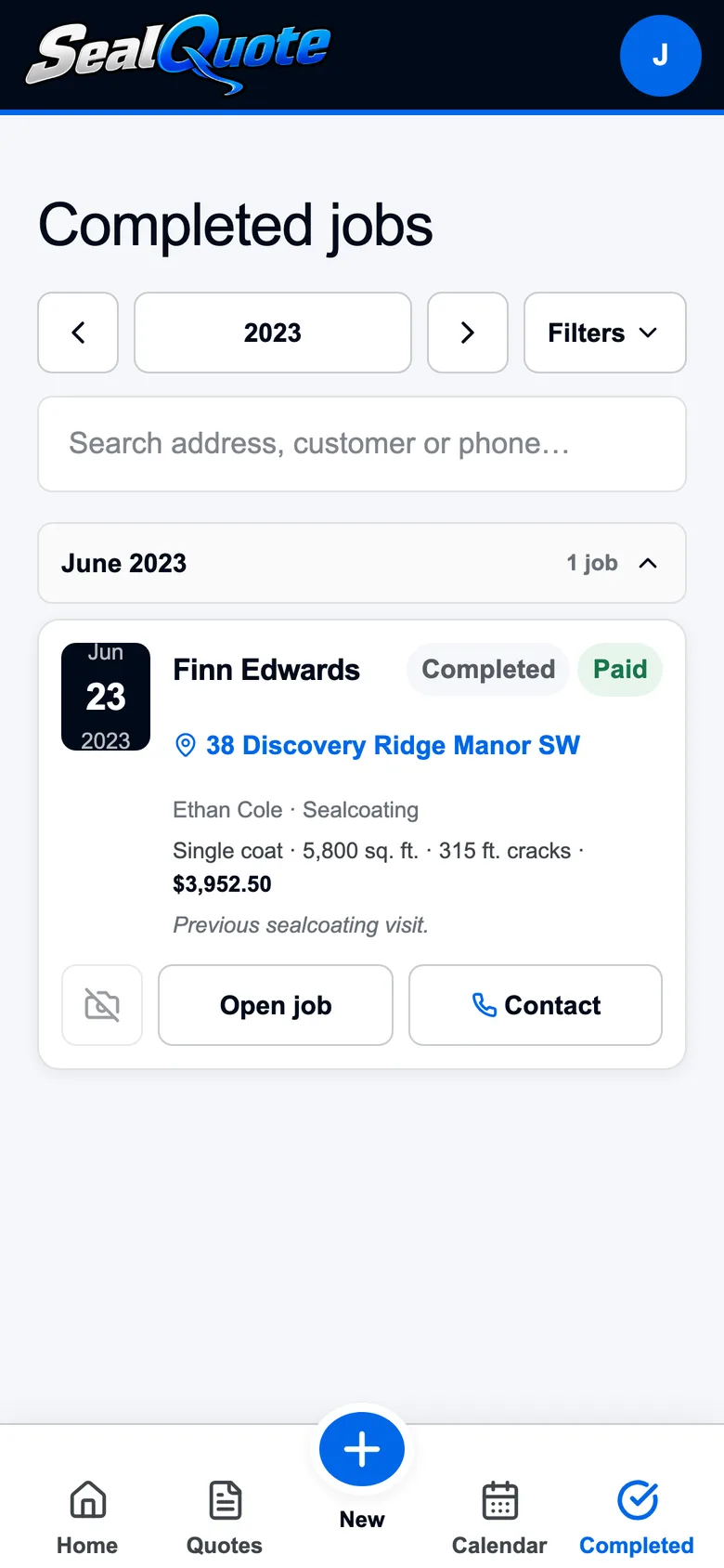 Completed jobs from 2023 in SealQuote: a paid sealcoating job dated June 23, 2023, with the address and measurements on the card